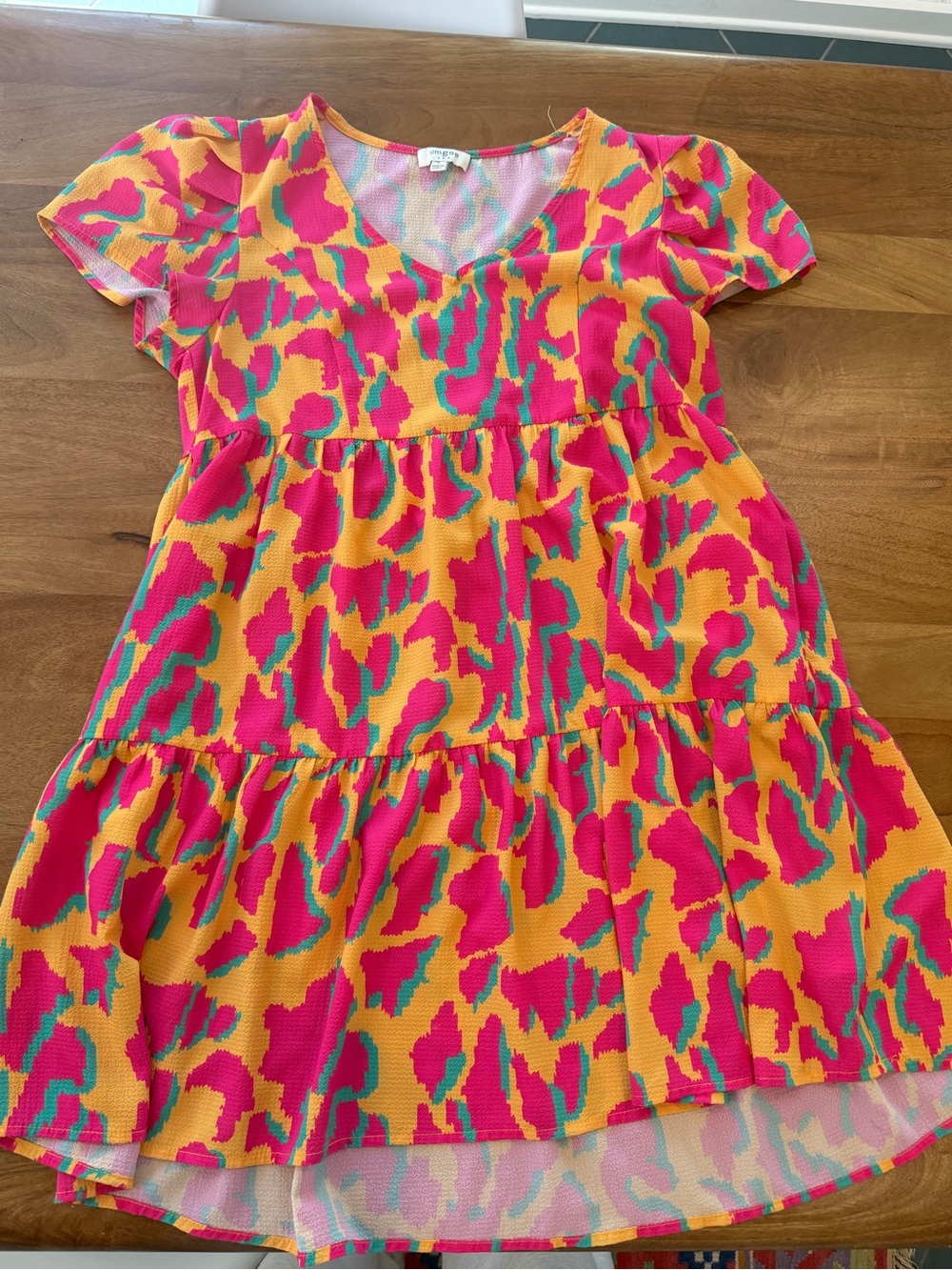 Umgee Pink, Yellow & Green Tiered Lightweight Short-Sleeve Dress Size Medium